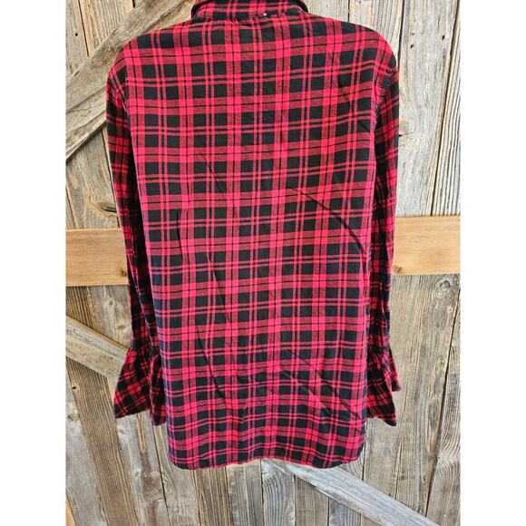 Buffalo plaid red black lightweight button up flannel sz M girly flared sleeve - Picture 2 of 7